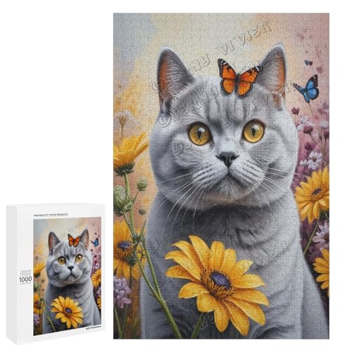 Britische Kurzhaar-Katze mit Blume, Ölgemälde, 1000-teiliges Puzzle für Erwachsene, perfekt für Familienspielabend und Katzenliebhaber, Holz, personalisierbar von NANVIER