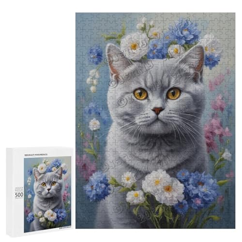 Britische Kurzhaar-Katze mit Blume, Ölgemälde, 500-teiliges Puzzle für Erwachsene, Puzzle mit verspielten Hundebegleitern, Holz, personalisierbar von NANVIER