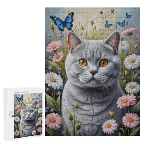 Britische Kurzhaar-Katze mit Blume, Ölgemälde, 500-teiliges Puzzle für Erwachsene, ansprechendes Puzzle mit geliebter Katzenrasse, Holz, personalisierbar von NANVIER