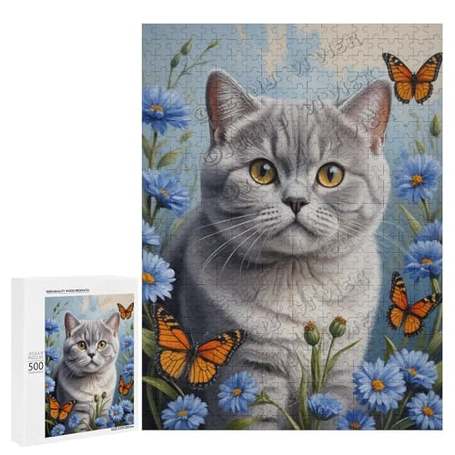 Britische Kurzhaar-Katze mit Blume, Ölgemälde, 500-teiliges Puzzle für Erwachsene, perfekt für Entspannung und Genuss, Holz, personalisierbar von NANVIER