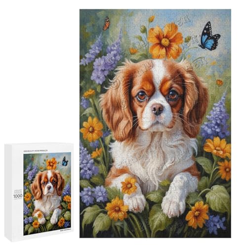 Cavalier King Charles Spaniel Hund mit Blume, Ölgemälde, 1000-teiliges Puzzle, angenehm für Erwachsene und Hundeliebhaber, Holz, personalisierbar von NANVIER