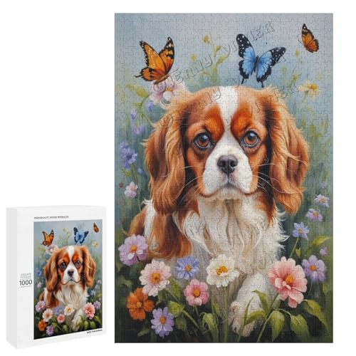 Cavalier King Charles Spaniel Hund mit Blume, Ölgemälde, 1000-teiliges Puzzle für Erwachsene, Puzzle für Genuss, Holz, personalisierbar von NANVIER