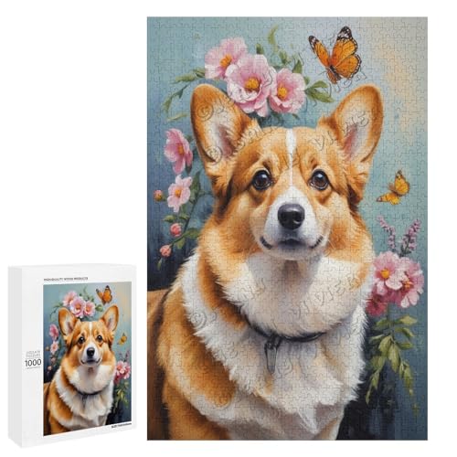 Corgi Ölgemälde mit Blume, 1000 Teile Puzzles für Erwachsene, Puzzle für Hundeliebhaber zum Genießen und Entspannen, Geschenk für Weihnachten, Holz, personalisierbar von NANVIER