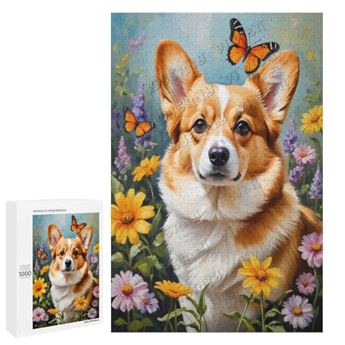 Corgi Ölgemälde mit Blume, 1000-teiliges Puzzle, angenehm für Erwachsene und Hundeliebhaber, Holz, personalisierbar von NANVIER