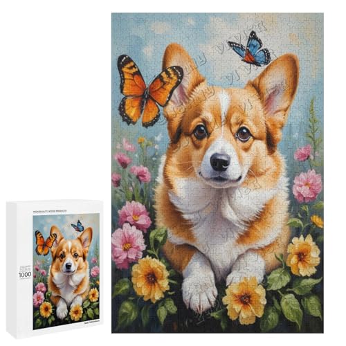 Corgi Ölgemälde mit Blume, 1000-teiliges Puzzle für Erwachsene, Puzzle für Entspannung und Genuss, Holz, personalisierbar von NANVIER