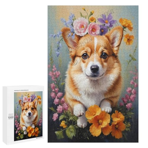 Corgi Ölgemälde mit Blume, 1000-teiliges Puzzle für Erwachsene, Puzzle für Genuss, Holz, personalisierbar von NANVIER