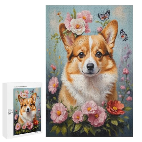 Corgi Ölgemälde mit Blume, 500-teiliges Puzzle für Erwachsene, perfekt für Entspannung und Genuss, Holz, personalisierbar von NANVIER