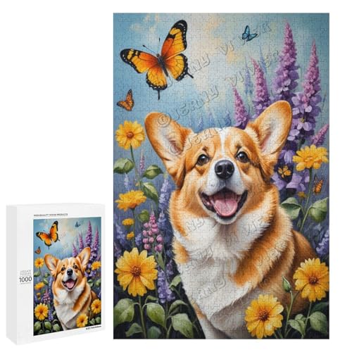 Corgi Ölgemälde mit Blumen-Motiv, 1000-teiliges Puzzle, ansprechendes Puzzle für Erwachsene, ideal für gemütliche Nächte im Holz, personalisierbar von NANVIER