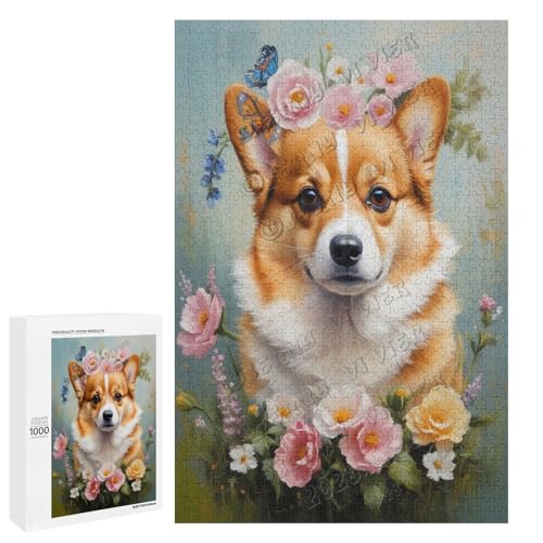 NANVIER Corgi Ölgemälde mit Blumen-Motiv, 1000-teiliges Puzzle für Erwachsene, perfekt für Entspannung und Genuss, Holz, personalisierbar von NANVIER