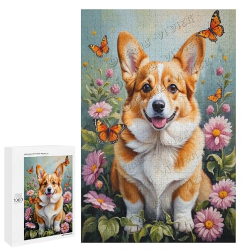 Corgi mit Blumen-Ölgemälde mit 1000 Teilen – ein fesselndes Puzzle-Erlebnis für diejenigen, die Corgis lieben, Holz von NANVIER