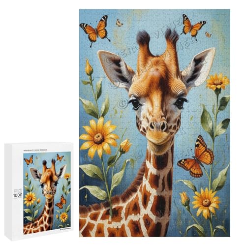 Giraffe mit Blume, Ölgemälde, 1000-teiliges Giraffen-Puzzle für Erwachsene, lustiges und herausforderndes Puzzle-Erlebnis, Holz, personalisierbar von NANVIER