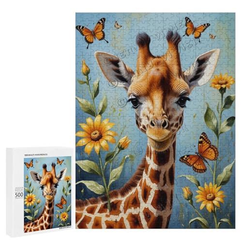 Giraffe mit Blume, Ölgemälde, 500-teiliges Giraffen-Puzzle für Erwachsene, lustiges und herausforderndes Puzzle-Erlebnis, Holz, personalisierbar von NANVIER