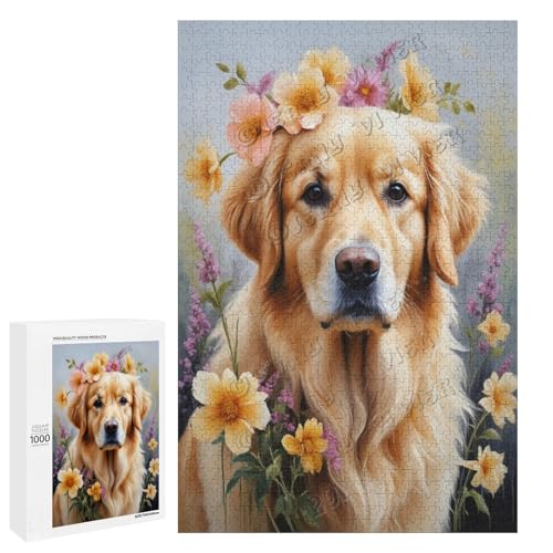 Golden Retriever mit Blumen-Ölgemälde, 1000-teiliges Puzzle für Erwachsene, Puzzle für Entspannung und Genuss, Holz, personalisierbar von NANVIER