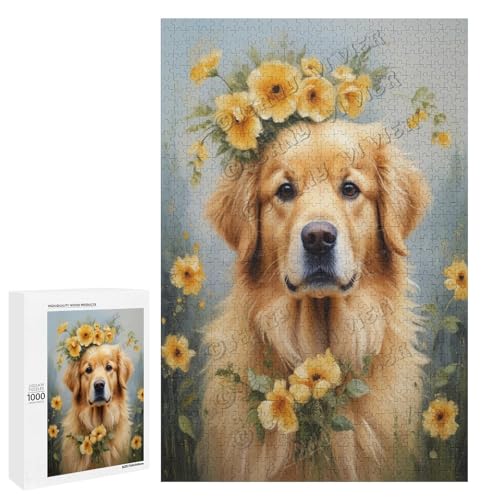 Golden Retriever mit Blumen-Ölgemälde, 1000-teiliges Puzzle für Erwachsene, Puzzle für Genuss, Holz, personalisierbar von NANVIER