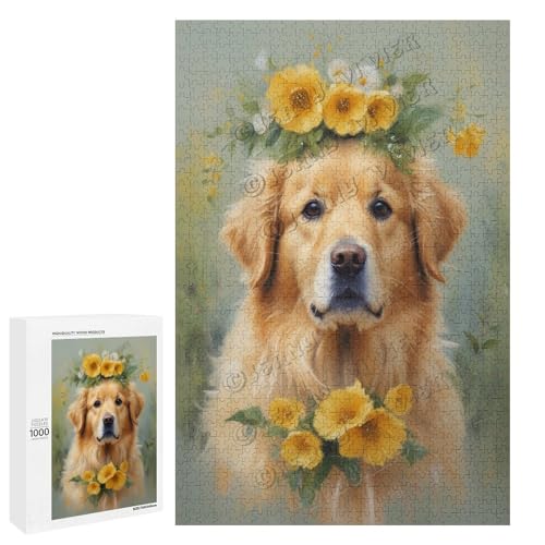 Golden Retriever mit Blumen-Ölgemälde, 1000-teiliges Puzzle für Erwachsene, eine lustige und entspannende Art, Ihre Liebe zu Hunden zu feiern, aus Holz, personalisierbar von NANVIER