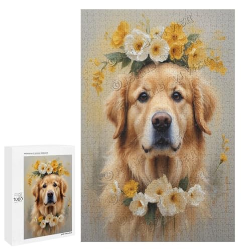 Golden Retriever mit Blumen-Ölgemälde, 1000-teiliges Puzzle für Erwachsene, perfekt für Entspannung und Genuss, Holz, personalisierbar von NANVIER