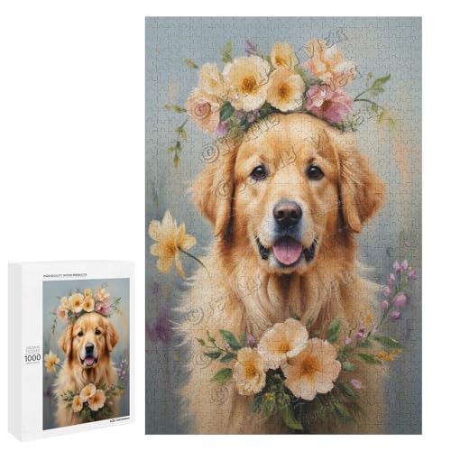 Golden Retriever mit Blumen-Ölgemälde, 1000-teiliges Puzzle für Erwachsene, perfekt für Entspannung und Genuss, Holz, personalisierbar von NANVIER