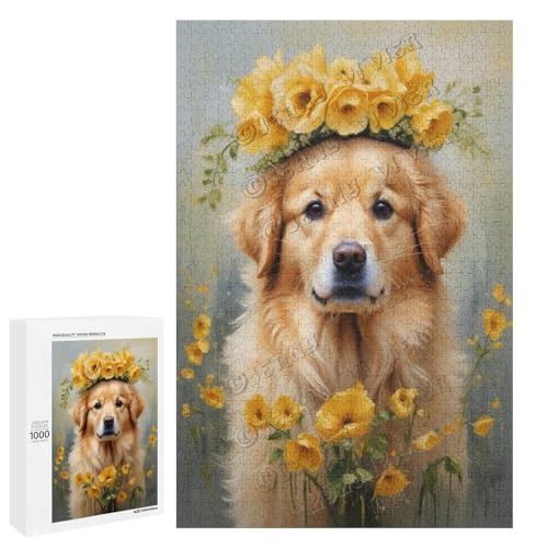 Golden Retriever mit Blumen-Ölgemälde, Themen-Abenteuer, 1000-teiliges Puzzle, ansprechendes Puzzle für Erwachsene, ideal für gemütliche Nächte im Holz, personalisierbar von NANVIER