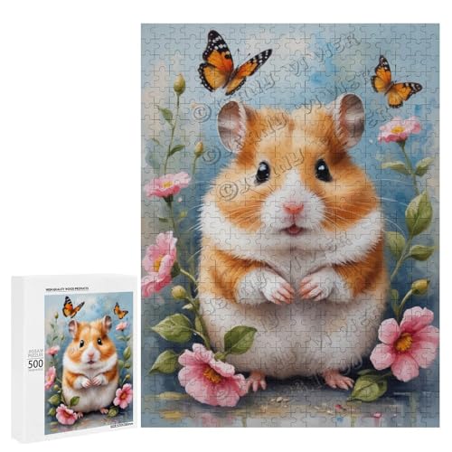 Hamster mit Blume, Ölgemälde, 500-teiliges Hamster-Puzzle für Erwachsene, lustiges und herausforderndes Puzzle-Erlebnis, Holz, personalisierbar von NANVIER