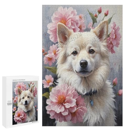 Hiromi Ölgemälde Hund mit Blume, 1000 Teile, ein ansprechendes Puzzle-Erlebnis für diejenigen, die Corgis lieben, aus Holz von NANVIER