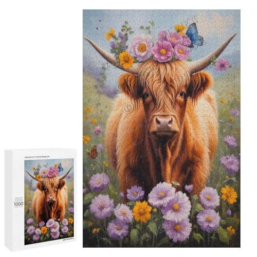 Hochlandkuh mit Blume, Ölgemälde, 1000-teiliges Puzzle, angenehm für Erwachsene und Hochlandkuh-Liebhaber, Holz, personalisierbar von NANVIER