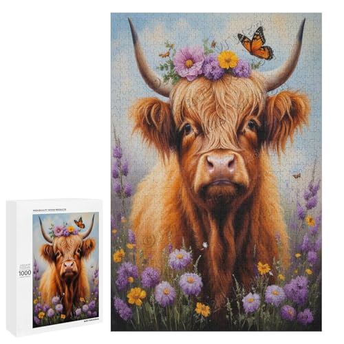 Hochlandkuh mit Blume, Ölgemälde, 1000-teiliges Puzzle für Erwachsene, Puzzle für Entspannung und Genuss, Holz, personalisierbar von NANVIER