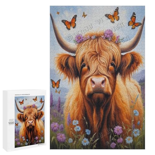 Hochlandkuh mit Blume, Ölgemälde, 1000-teiliges Puzzle für Erwachsene, perfekt für Entspannung und Genuss, Holz, personalisierbar von NANVIER