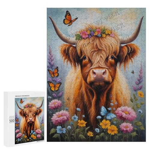 Hochlandkuh mit Blumen-Ölgemälde, 500-teiliges Puzzle für Erwachsene, perfekt für Entspannung und Genuss, Holz, personalisierbar von NANVIER