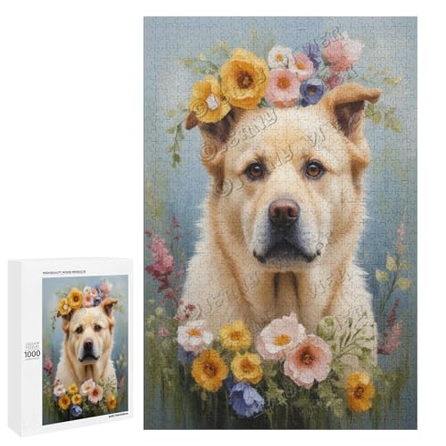 Labrador-Hund mit Blume, Ölgemälde, 1000-teiliges Hundepuzzle für Erwachsene, lustiges und herausforderndes Puzzle-Erlebnis, Holz, personalisierbar von NANVIER