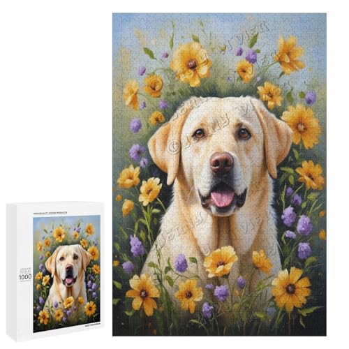 Labrador-Hund mit Blume, Ölgemälde, 1000-teiliges Puzzle, angenehm für Erwachsene und Hundeliebhaber, Holz, personalisierbar von NANVIER