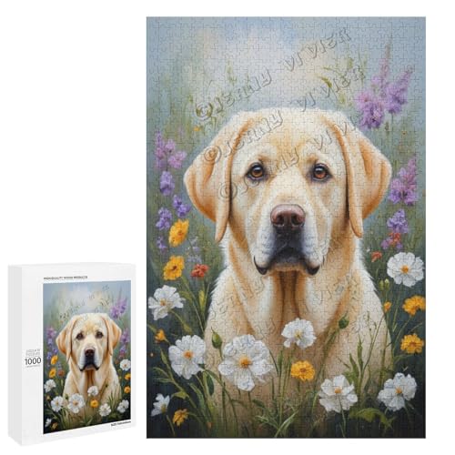 Labrador-Hund mit Blume, Ölgemälde, 1000-teiliges Puzzle für Erwachsene, Puzzle für Entspannung und Genuss, Holz, personalisierbar von NANVIER