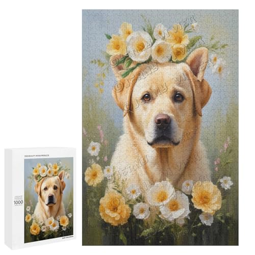 Labrador-Hund mit Blume, Ölgemälde, 1000-teiliges Puzzle für Erwachsene, perfekt für Entspannung und Genuss, Holz, personalisierbar von NANVIER