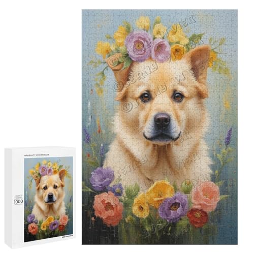 Labrador-Hund mit Blumen-Ölgemälde, 1000-teiliges Puzzle für Erwachsene, perfekt für Entspannung und Genuss, Holz, personalisierbar von NANVIER