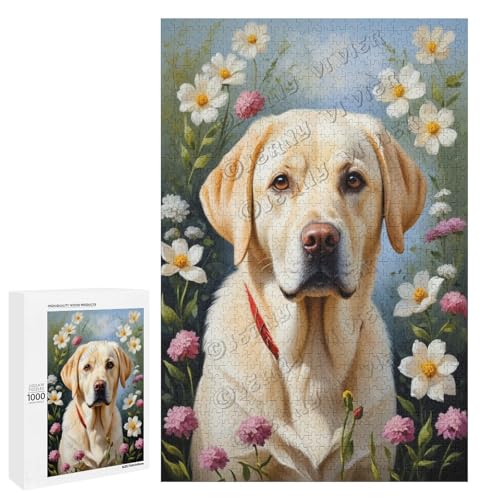 Labrador-Hund mit Blumen-Ölgemälde, Themen-Abenteuer, 1000-teiliges Puzzle, ansprechendes Puzzle für Erwachsene, ideal für gemütliche Nächte im Holz, personalisierbar von NANVIER