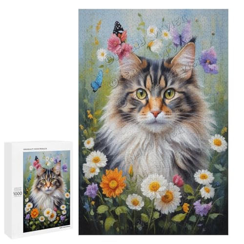 Norwegische Waldkatze mit Blume, Ölgemälde, 1000-teiliges Puzzle, eine lustige Herausforderung für Erwachsene, die Katzen lieben, aus Holz, personalisierbar von NANVIER