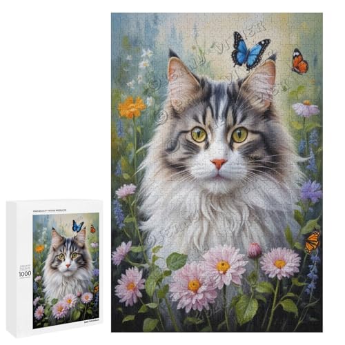 Norwegische Waldkatze mit Blume, Ölgemälde, 1000-teiliges Puzzle für Erwachsene, Puzzle mit verspielten Hundebegleitern, Holz, personalisierbar von NANVIER