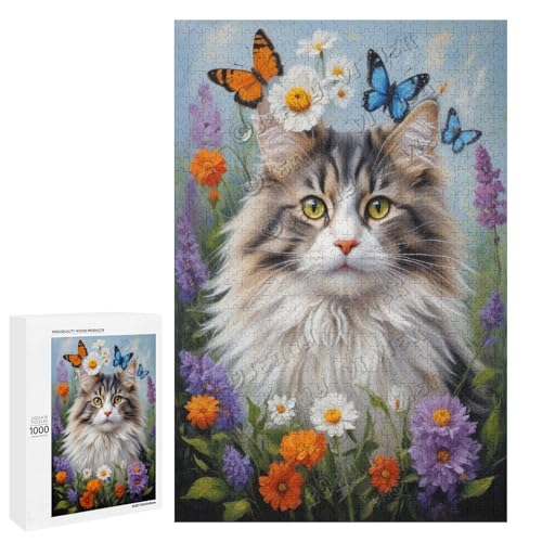 Norwegische Waldkatze mit Blume, Ölgemälde, 1000-teiliges Puzzle für Erwachsene, ansprechendes Puzzle mit geliebter Katzenrasse, Holz, personalisierbar von NANVIER