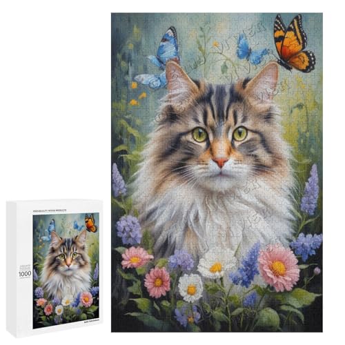 Norwegische Waldkatze mit Blume, Ölgemälde, 1000-teiliges Puzzle für Erwachsene, eine lustige Herausforderung für Katzenfans, Holz, personalisierbar von NANVIER