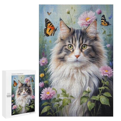 Norwegische Waldkatze mit Blume, Ölgemälde, 1000-teiliges Puzzle für Erwachsene, perfekt für Entspannung und Genuss, Holz, personalisierbar von NANVIER