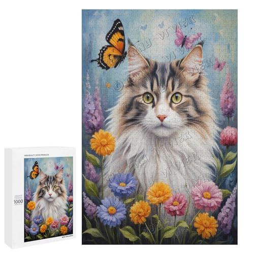 Norwegische Waldkatze mit Blume, Ölgemälde, 1000-teiliges Puzzle für Erwachsene, perfekt für Familienspielabend und Katzenliebhaber, Holz, personalisierbar von NANVIER