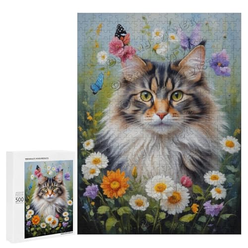 Norwegische Waldkatze mit Blume, Ölgemälde, 500-teiliges Puzzle, eine lustige Herausforderung für Erwachsene, die Katzen lieben, aus Holz, personalisierbar von NANVIER