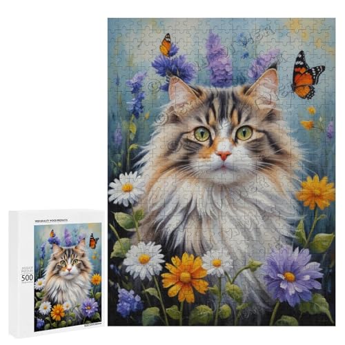 Norwegische Waldkatze mit Blume, Ölgemälde, 500-teiliges Puzzle für Erwachsene, Puzzle für Katzenliebhaber zum Genießen und Entspannen, Geschenk für Weihnachten, Holz, personalisierbar von NANVIER