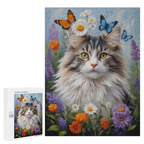 Norwegische Waldkatze mit Blume, Ölgemälde, 500-teiliges Puzzle für Erwachsene, ansprechendes Puzzle mit geliebter Katzenrasse, Holz, personalisierbar von NANVIER