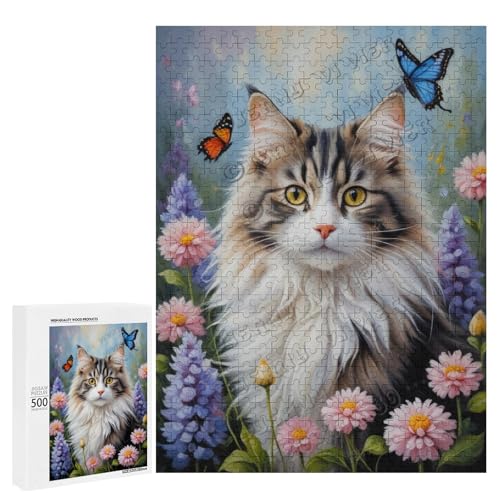 Norwegische Waldkatze mit Blume, Ölgemälde, 500-teiliges Puzzle für Erwachsene, faszinierendes Kunstwerk für Katzenliebhaber, Holz, personalisierbar von NANVIER