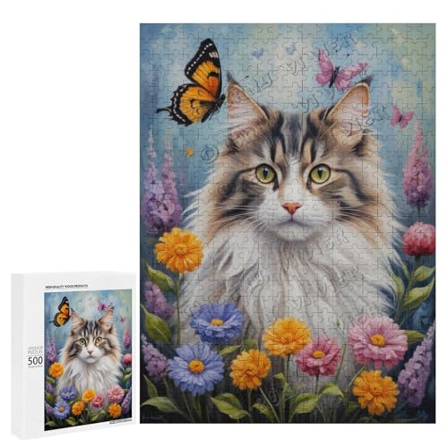 Norwegische Waldkatze mit Blume, Ölgemälde, 500-teiliges Puzzle für Erwachsene, perfekt für Familienspielabend und Katzenliebhaber, Holz, personalisierbar von NANVIER