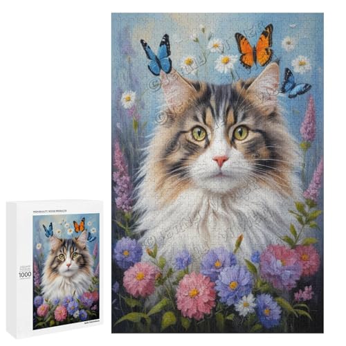 Norwegische Waldkatze mit Blume, Ölgemälde-Puzzle mit 1000 Teilen – ein fesselndes Puzzle-Erlebnis für diejenigen, die Dackel lieben, Holz von NANVIER