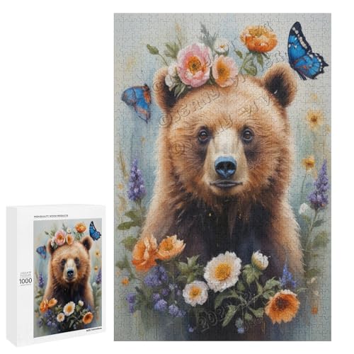 Ölgemälde, Bär mit Blume, 1000-teiliges Puzzle für Erwachsene, perfekt für Entspannung und Genuss, Holz, personalisierbar von NANVIER