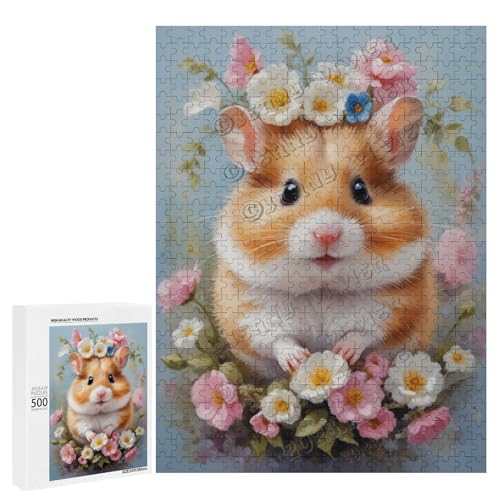 Ölgemälde, Hamster mit Blume, 500-teiliges Puzzle, angenehm für Erwachsene und Hamsterliebhaber, Holz, personalisierbar von NANVIER