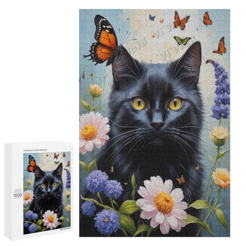 Ölgemälde, schwarze Katze mit Blume, 1000-teiliges Puzzle für Erwachsene, perfekt für Entspannung und Genuss, Holz, personalisierbar von NANVIER