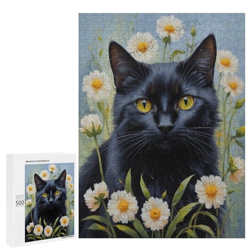 Ölgemälde, schwarze Katze mit Blume, 500-teiliges Puzzle, eine lustige Herausforderung für Erwachsene, die Katzen lieben, aus Holz, personalisierbar von NANVIER